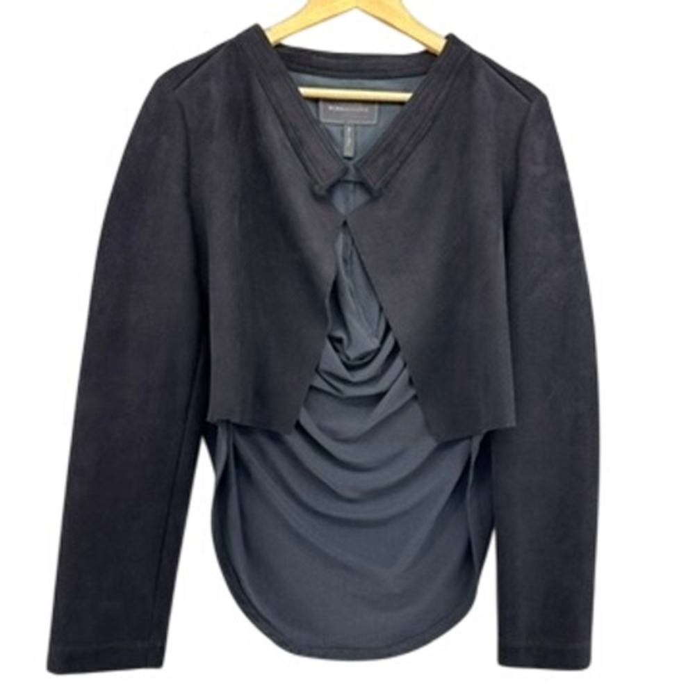 BCBGMAXAZRIA Black Faux Suede Draped Back‎ Open Front Jacket Large